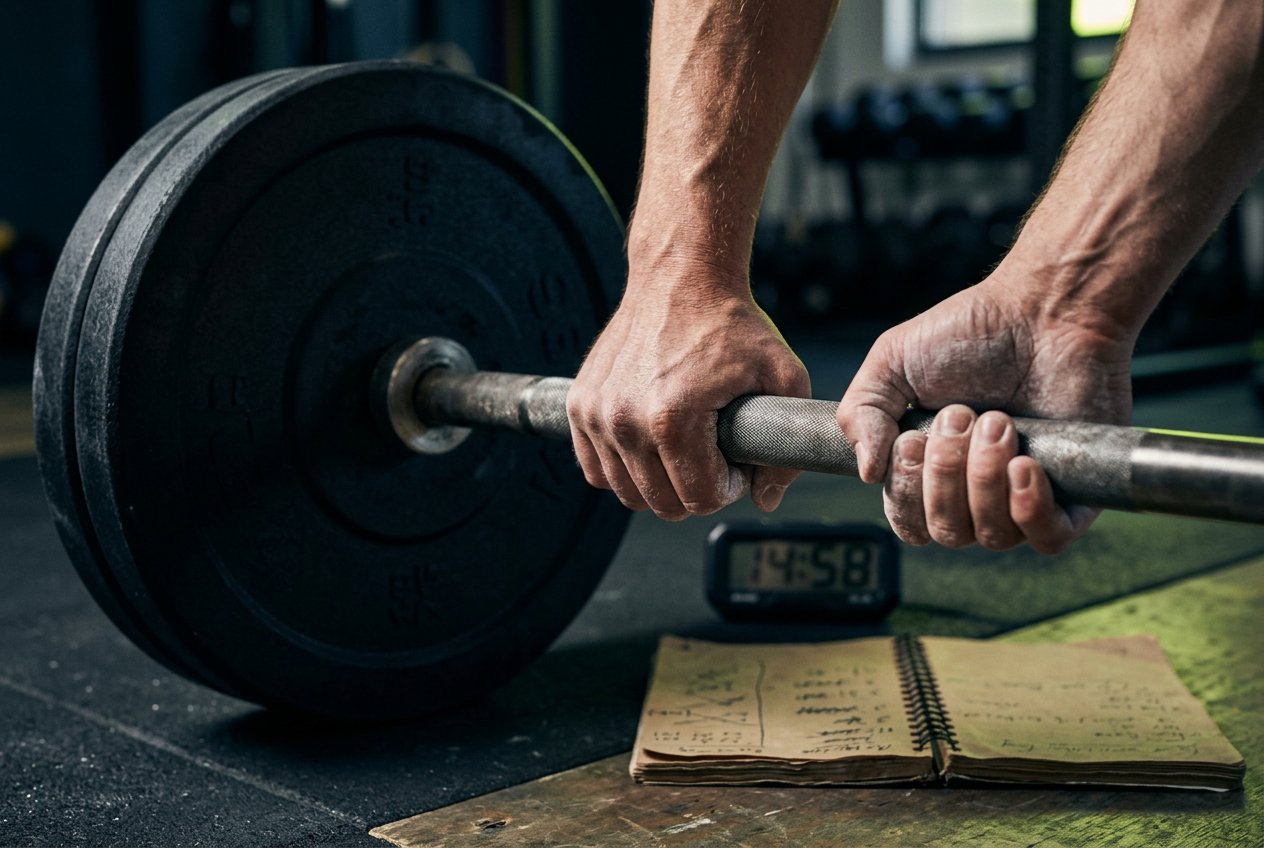 Handen grijpen een barbell naast een trainingslog en timer