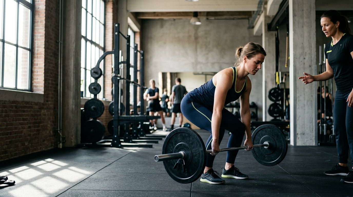 Sporter traint met een barbell terwijl een trainer rustig techniek aanwijst