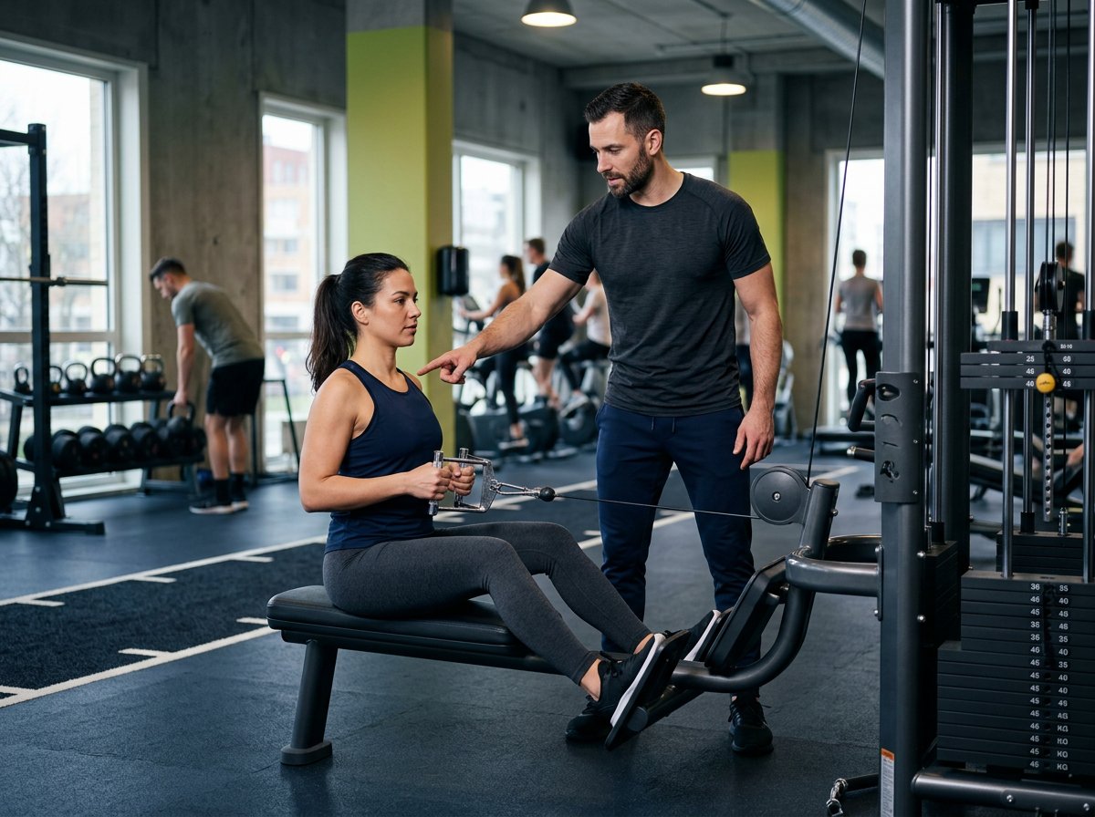 Personal trainer legt rustig de schouderpositie uit bij een kabelroeioefening